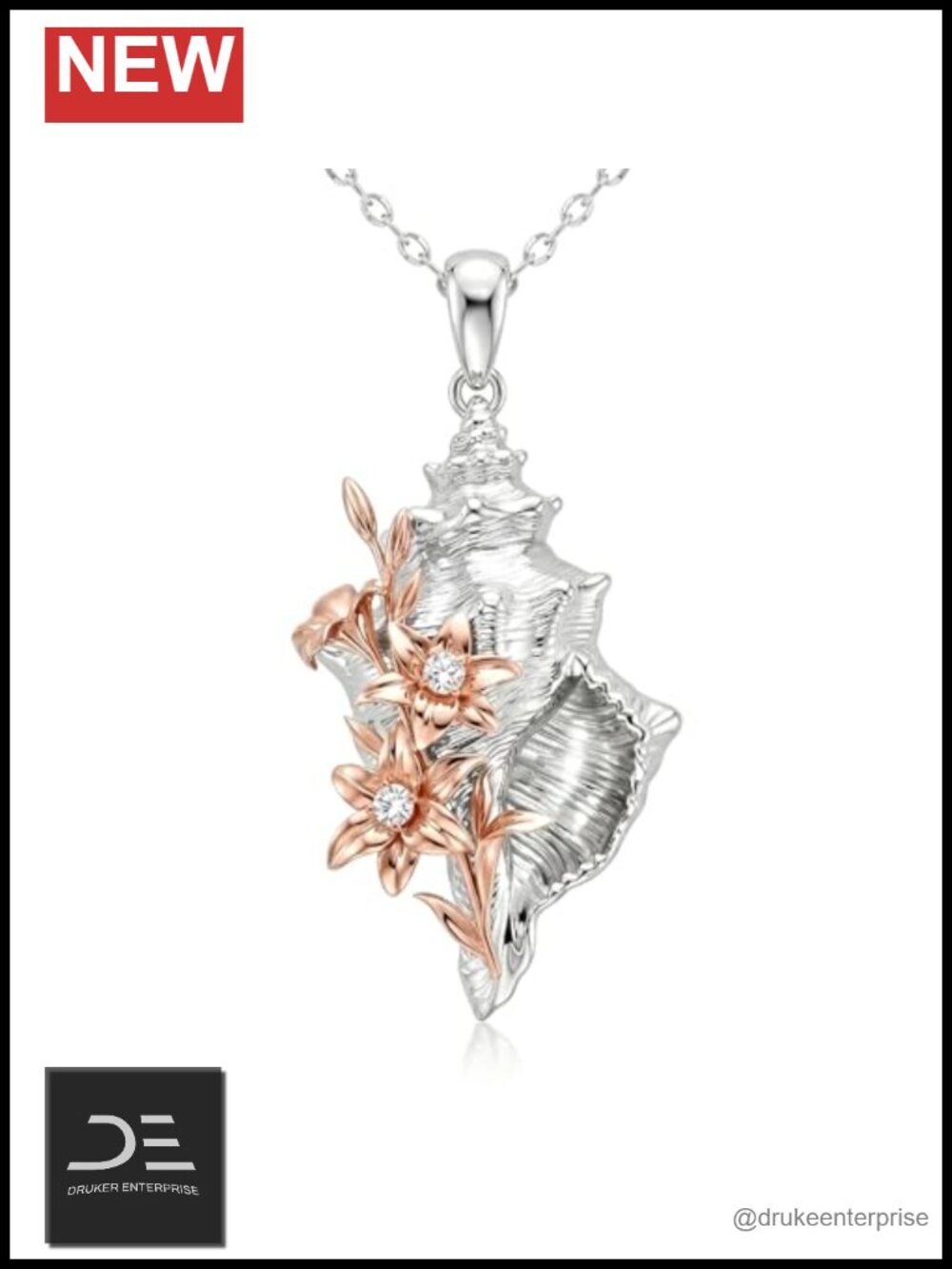 Sterling Silver Conch Shell Necklace with Lab Grown Diamonds